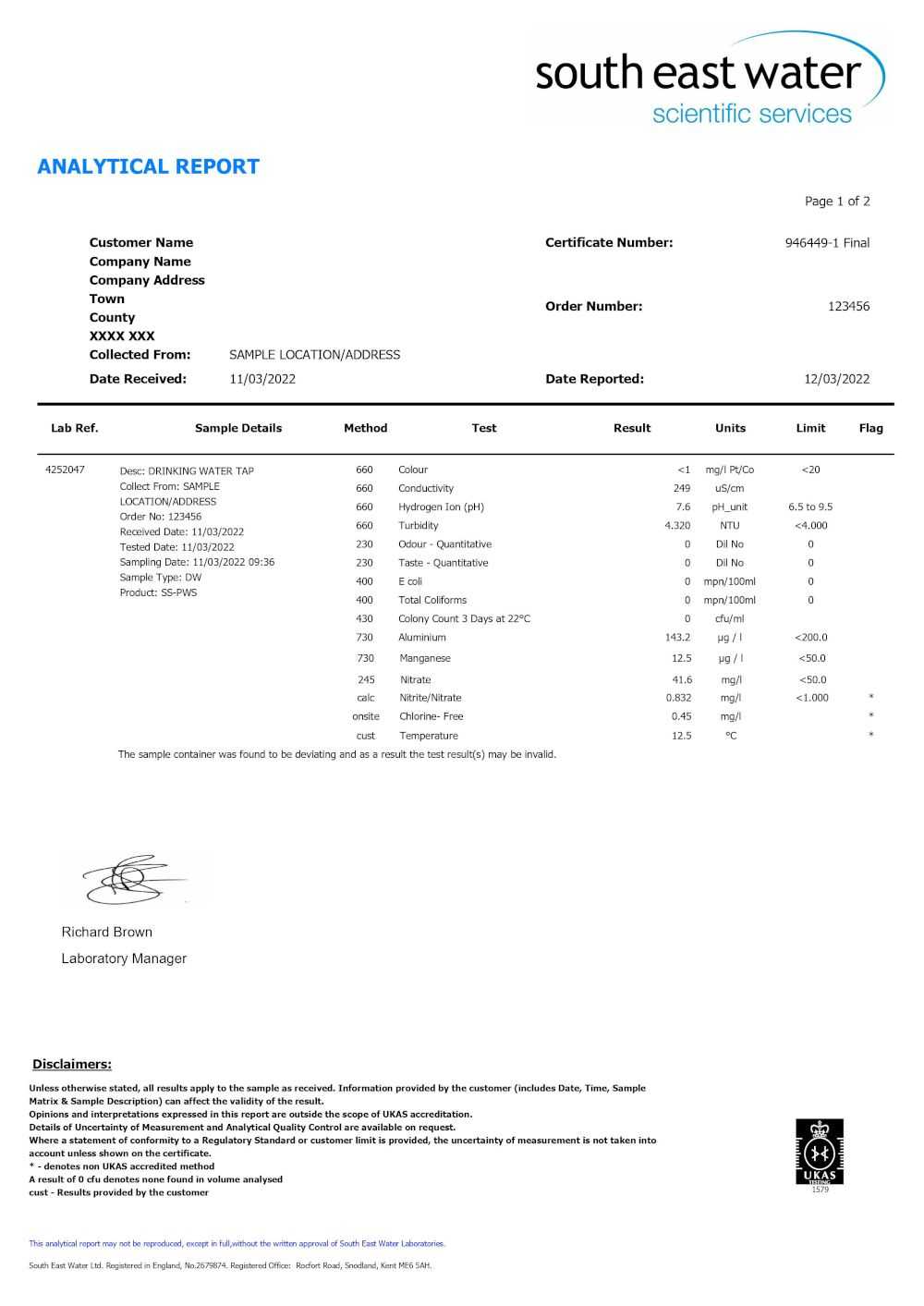 Example Results Certificate